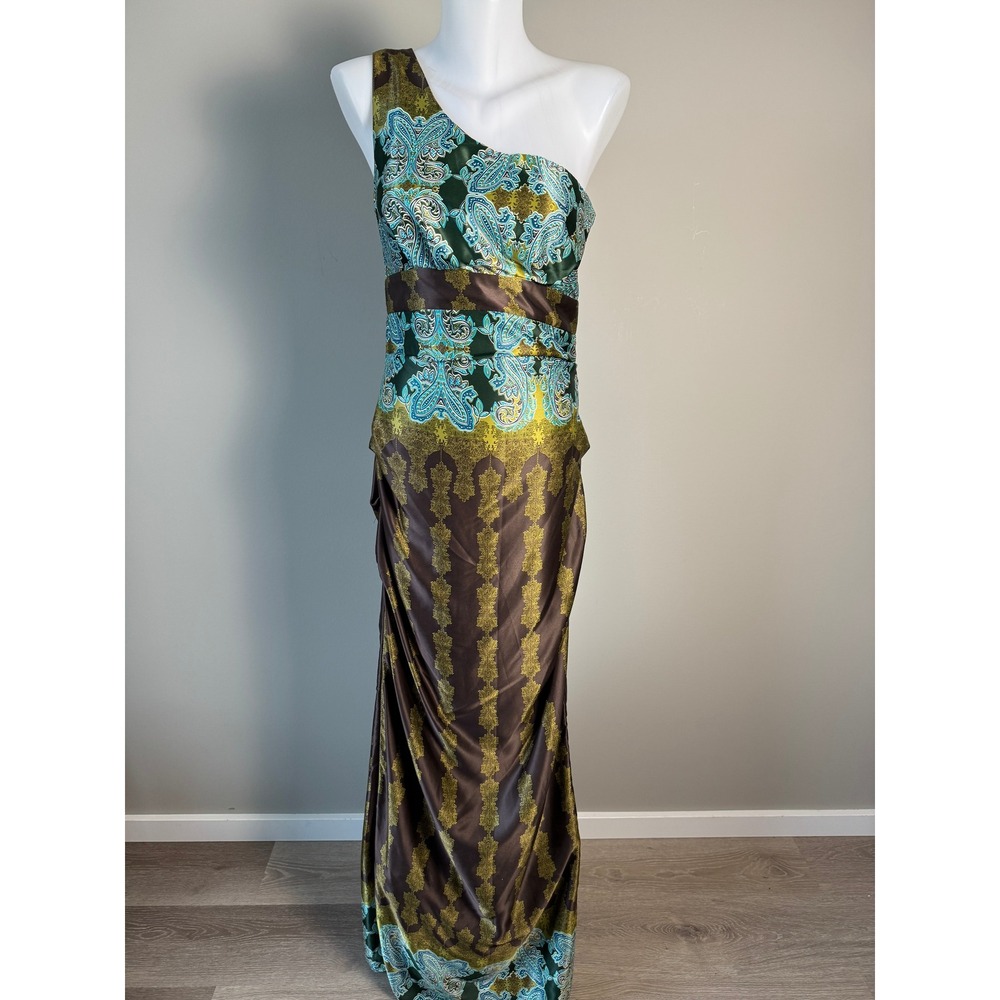 Rubber Ducky One Shoulder Paisley Satin Maxi Gown M Bohemian‎ Formal Event Boho